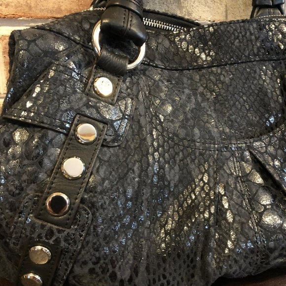 B. Makowsky Snake Embossed Leather Handbag w/Studs, Black - Picture 4 of 6